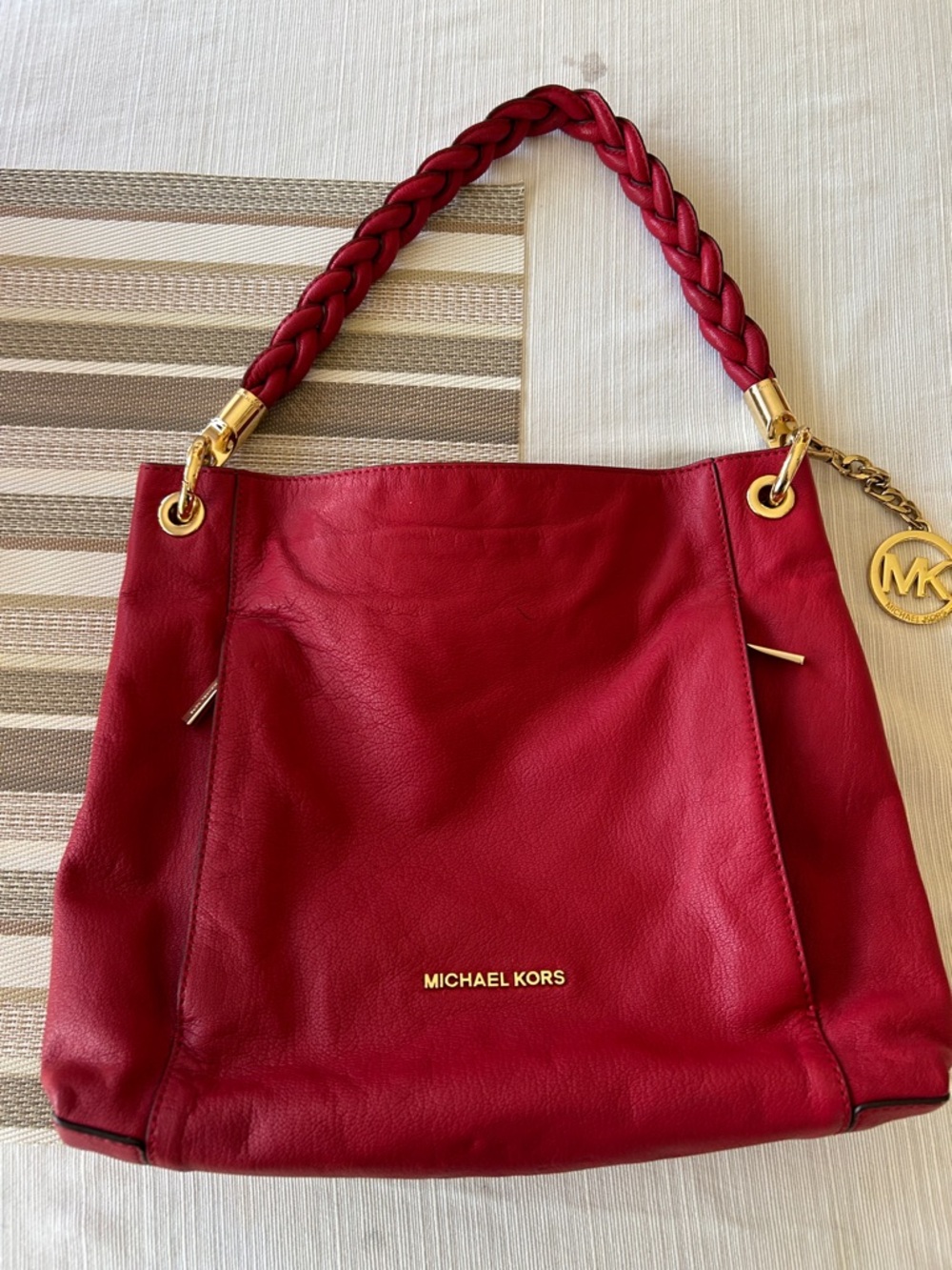 Michael Kors Braided-Handle Red Leather Shoulder Bag with Gold Hardware - Picture 6 of 9